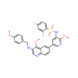 COc1ccc(CNc2cnc3ccc(-c4cnc(OC)c(NS(=O)(=O)c5ccc(F)cc5F)c4)cc3c2OC)cc1 ZINC001772578008