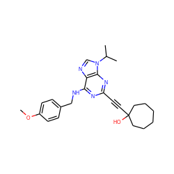 COc1ccc(CNc2nc(C#CC3(O)CCCCCC3)nc3c2ncn3C(C)C)cc1 ZINC000013834579