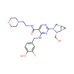 COc1ccc(CNc2nc(N3C[C@@H]4C[C@@H]4[C@@H]3CO)ncc2C(=O)NCCN2CCOCC2)cc1Cl ZINC000211316754