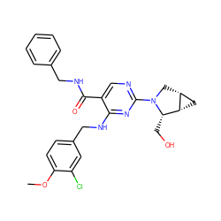 COc1ccc(CNc2nc(N3C[C@@H]4C[C@@H]4[C@@H]3CO)ncc2C(=O)NCc2ccccc2)cc1Cl ZINC000211259374