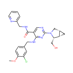 COc1ccc(CNc2nc(N3C[C@@H]4C[C@@H]4[C@@H]3CO)ncc2C(=O)NCc2ccccn2)cc1Cl ZINC000211264603