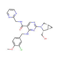 COc1ccc(CNc2nc(N3C[C@@H]4C[C@@H]4[C@@H]3CO)ncc2C(=O)NCc2ncccn2)cc1Cl ZINC000211264244