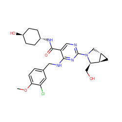 COc1ccc(CNc2nc(N3C[C@@H]4C[C@H]4[C@H]3CO)ncc2C(=O)N[C@H]2CC[C@H](O)CC2)cc1Cl ZINC001772602255