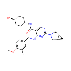 COc1ccc(CNc2nc(N3C[C@@H]4C[C@H]4C3)ncc2C(=O)N[C@H]2CC[C@H](O)CC2)cc1C ZINC001772653160