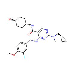 COc1ccc(CNc2nc(N3C[C@H]4C[C@@H]4C3)ncc2C(=O)N[C@H]2CC[C@H](O)CC2)cc1F ZINC001772611381