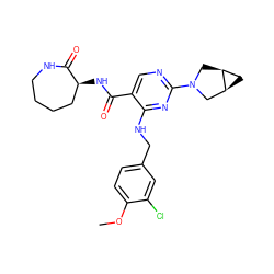 COc1ccc(CNc2nc(N3C[C@H]4C[C@H]4C3)ncc2C(=O)N[C@H]2CCCCNC2=O)cc1Cl ZINC000211316128