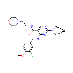 COc1ccc(CNc2nc(N3C[C@H]4C[C@H]4C3)ncc2C(=O)NCCN2CCOCC2)cc1Cl ZINC000211310438