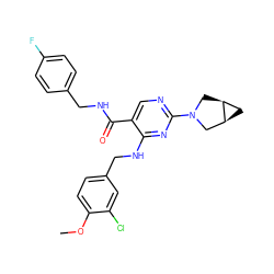 COc1ccc(CNc2nc(N3C[C@H]4C[C@H]4C3)ncc2C(=O)NCc2ccc(F)cc2)cc1Cl ZINC000211328452