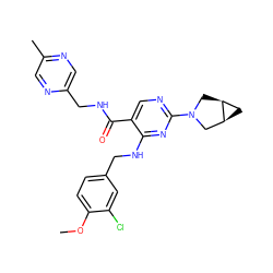 COc1ccc(CNc2nc(N3C[C@H]4C[C@H]4C3)ncc2C(=O)NCc2cnc(C)cn2)cc1Cl ZINC000211328259