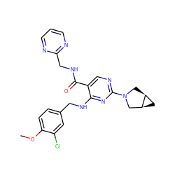 COc1ccc(CNc2nc(N3C[C@H]4C[C@H]4C3)ncc2C(=O)NCc2ncccn2)cc1Cl ZINC000211322652