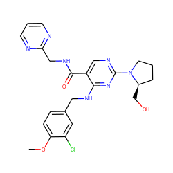 COc1ccc(CNc2nc(N3CCC[C@H]3CO)ncc2C(=O)NCc2ncccn2)cc1Cl ZINC000011677857