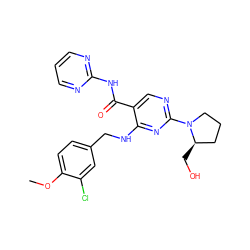 COc1ccc(CNc2nc(N3CCC[C@H]3CO)ncc2C(=O)Nc2ncccn2)cc1Cl ZINC000038381620