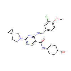 COc1ccc(CNc2nc(N3CCC4(CC4)C3)ncc2C(=O)N[C@H]2CC[C@@H](O)CC2)cc1Cl ZINC001772623148