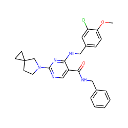 COc1ccc(CNc2nc(N3CCC4(CC4)C3)ncc2C(=O)NCc2ccccc2)cc1Cl ZINC000211259519