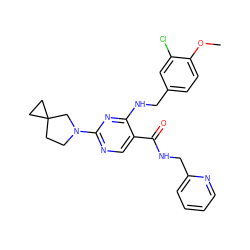 COc1ccc(CNc2nc(N3CCC4(CC4)C3)ncc2C(=O)NCc2ccccn2)cc1Cl ZINC000211269449