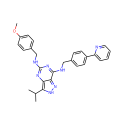 COc1ccc(CNc2nc(NCc3ccc(-c4ccccn4)cc3)c3n[nH]c(C(C)C)c3n2)cc1 ZINC000653743807