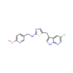 COc1ccc(CNc2ncc(Cc3c[nH]c4ncc(Cl)cc34)s2)cn1 ZINC000117429417