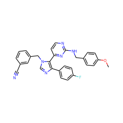 COc1ccc(CNc2nccc(-c3c(-c4ccc(F)cc4)ncn3Cc3cccc(C#N)c3)n2)cc1 ZINC000040934636