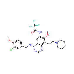 COc1ccc(CNc2ncnc3c(CCN4CCCCC4)c(OC)c(NC(=O)C(F)(F)F)cc23)cc1Cl ZINC000042852540