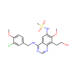 COc1ccc(CNc2ncnc3c(CCO)c(OC)c(NS(C)(=O)=O)cc23)cc1Cl ZINC000045357697