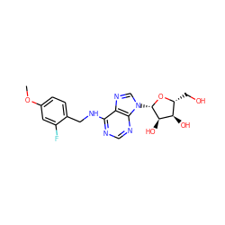 COc1ccc(CNc2ncnc3c2ncn3[C@@H]2O[C@H](CO)[C@@H](O)[C@H]2O)c(F)c1 ZINC000103276908