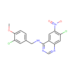 COc1ccc(CNc2ncnc3cc(Cl)c([N+](=O)[O-])cc23)cc1Cl ZINC000040899926