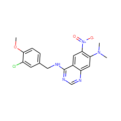 COc1ccc(CNc2ncnc3cc(N(C)C)c([N+](=O)[O-])cc23)cc1Cl ZINC000040980306