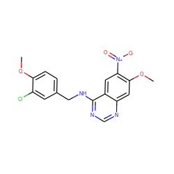 COc1ccc(CNc2ncnc3cc(OC)c([N+](=O)[O-])cc23)cc1Cl ZINC000040406486