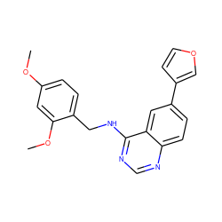 COc1ccc(CNc2ncnc3ccc(-c4ccoc4)cc23)c(OC)c1 ZINC000004265096