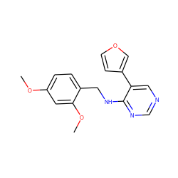 COc1ccc(CNc2ncncc2-c2ccoc2)c(OC)c1 ZINC000004264529