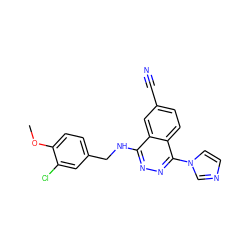 COc1ccc(CNc2nnc(-n3ccnc3)c3ccc(C#N)cc23)cc1Cl ZINC000004199950