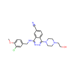 COc1ccc(CNc2nnc(N3CCN(CCO)CC3)c3ccc(C#N)cc23)cc1Cl ZINC000013834377