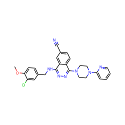 COc1ccc(CNc2nnc(N3CCN(c4ccccn4)CC3)c3ccc(C#N)cc23)cc1Cl ZINC000013834378