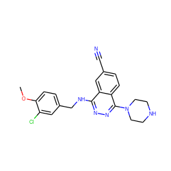 COc1ccc(CNc2nnc(N3CCNCC3)c3ccc(C#N)cc23)cc1Cl ZINC000013834375