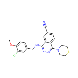 COc1ccc(CNc2nnc(N3CCSCC3)c3ccc(C#N)cc23)cc1Cl ZINC000013834372