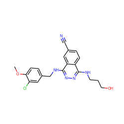 COc1ccc(CNc2nnc(NCCCO)c3ccc(C#N)cc23)cc1Cl ZINC000013834383