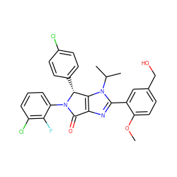 COc1ccc(CO)cc1-c1nc2c(n1C(C)C)[C@@H](c1ccc(Cl)cc1)N(c1cccc(Cl)c1F)C2=O ZINC000169705397