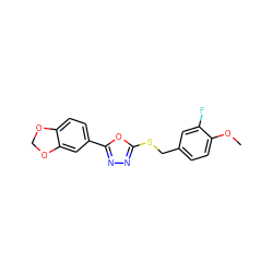 COc1ccc(CSc2nnc(-c3ccc4c(c3)OCO4)o2)cc1F ZINC000002618029