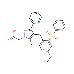 COc1ccc(Cc2c(-c3ccccc3)nn(CC(=O)O)c2C)c(S(=O)(=O)c2ccccc2)c1 ZINC000103238008