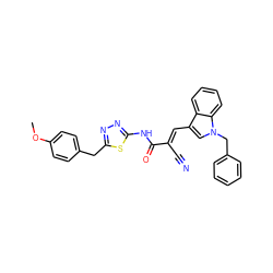 COc1ccc(Cc2nnc(NC(=O)/C(C#N)=C/c3cn(Cc4ccccc4)c4ccccc34)s2)cc1 ZINC000299839295