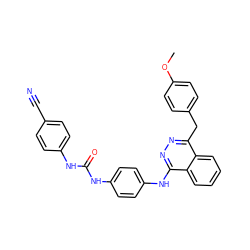 COc1ccc(Cc2nnc(Nc3ccc(NC(=O)Nc4ccc(C#N)cc4)cc3)c3ccccc23)cc1 ZINC000653737612
