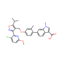 COc1ccc(Cl)c(-c2noc(C(C)C)c2COc2ccc(-c3ccc4c(C(=O)O)cn(C)c4c3)c(C)c2)n1 ZINC000044404944