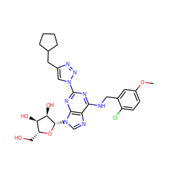 COc1ccc(Cl)c(CNc2nc(-n3cc(CC4CCCC4)nn3)nc3c2ncn3[C@@H]2O[C@H](CO)[C@@H](O)[C@H]2O)c1 ZINC000034800836