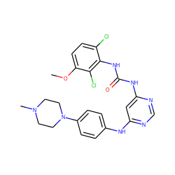 COc1ccc(Cl)c(NC(=O)Nc2cc(Nc3ccc(N4CCN(C)CC4)cc3)ncn2)c1Cl ZINC000072124722