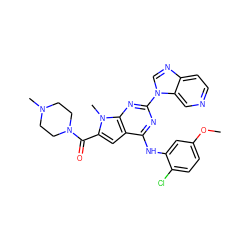 COc1ccc(Cl)c(Nc2nc(-n3cnc4ccncc43)nc3c2cc(C(=O)N2CCN(C)CC2)n3C)c1 ZINC000028822414