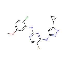 COc1ccc(Cl)c(Nc2ncc(Br)c(Nc3cc(C4CC4)[nH]n3)n2)c1 ZINC000136526618