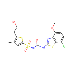 COc1ccc(Cl)c2sc(NC(=O)NS(=O)(=O)c3cc(C)c(CCO)s3)nc12 ZINC000045336089