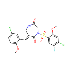 COc1ccc(Cl)cc1/C=C1\CNC(=O)CN(S(=O)(=O)c2cc(F)c(Cl)cc2OC)C1=O ZINC000169694304