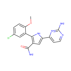 COc1ccc(Cl)cc1-c1[nH]c(-c2ccnc(N)n2)cc1C(N)=O ZINC000142792929