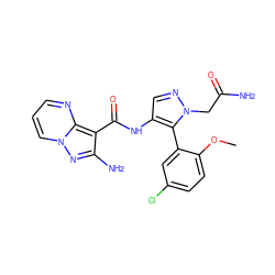 COc1ccc(Cl)cc1-c1c(NC(=O)c2c(N)nn3cccnc23)cnn1CC(N)=O ZINC000068248267